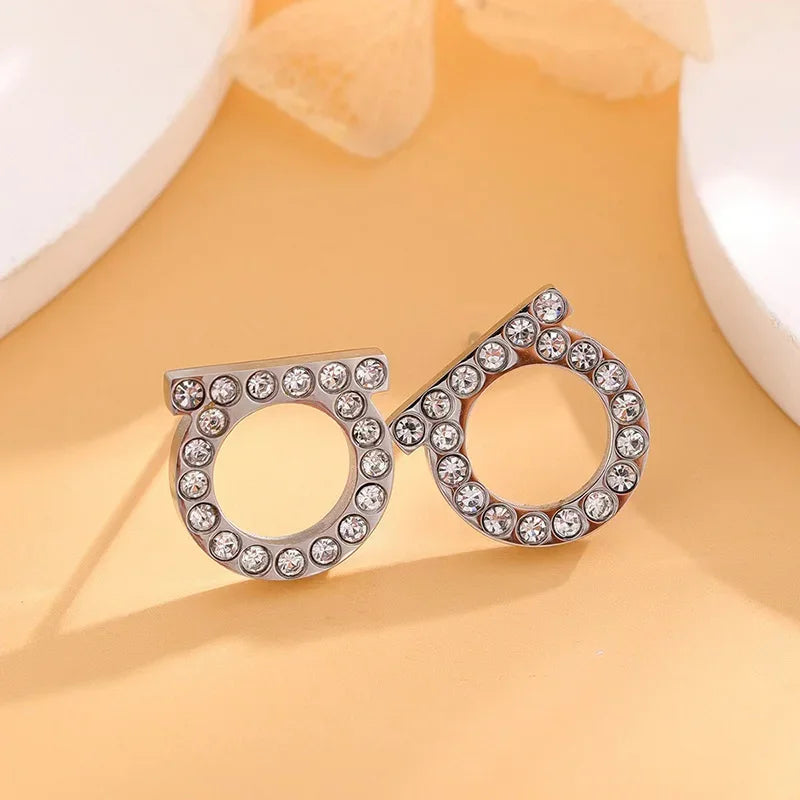 EVISPOL 2Pcs of Simple and Luxurious D-shaped Stainless Steel Stud Eearrings Inlaid Sparkling Cubic Zircon Ear Piering Jewelry