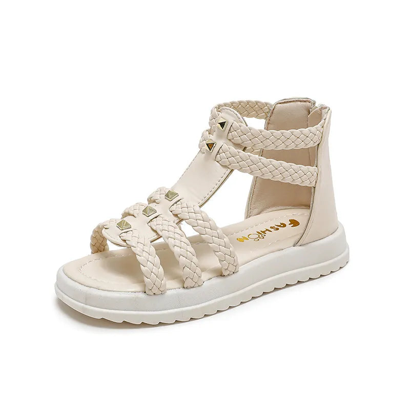 Girls Roman Sandals Open Toe Braided Solid Color High-top Simple Rivets