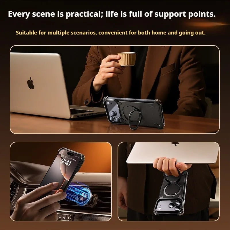 iPhone 17 Pro Max Air Phone Case Genuine Leather Magsafe Frameless Shell With 360°Rotate Magnetic Stand Anti-Drop Cover