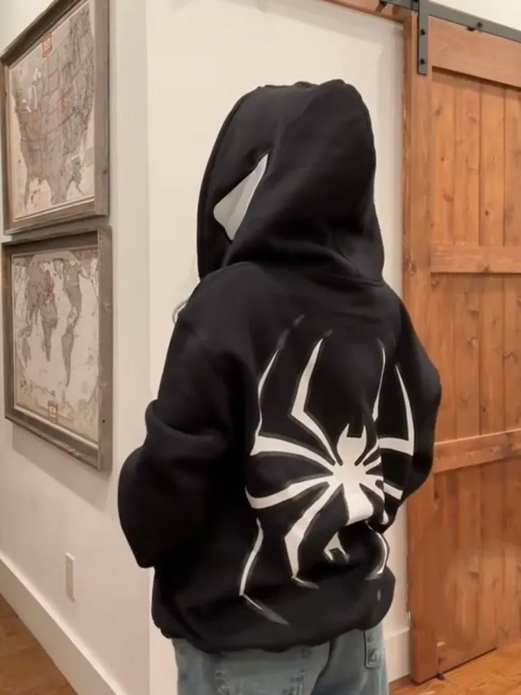 Woman clothing Spider Print Hoodie Pullover Sweatshirt High Street Anime Oversize Coats
