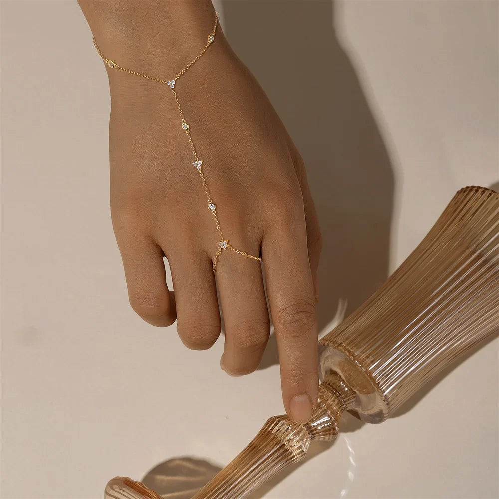 CANNER 925 Sterling Silver Flower Clover CZ Finger Ring Chain Bracelet For Women Ins Hand Chain Horse Eye Jewelry Party Gift