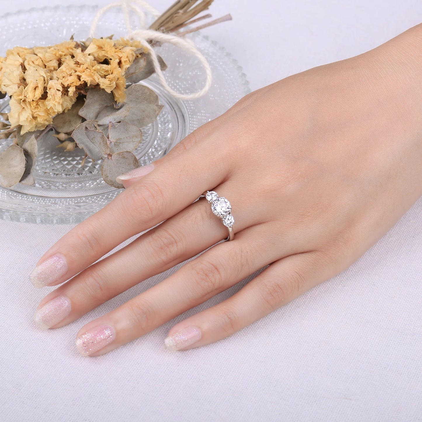 925 Sterling Silver 3 Stone Wedding Engagement Ring for Woman