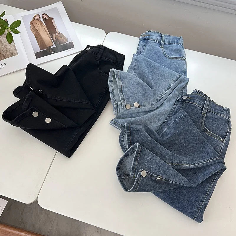 Plus Size Boyfriend Black Drainpipe Jeans For Women HIGH Waist Button Pants