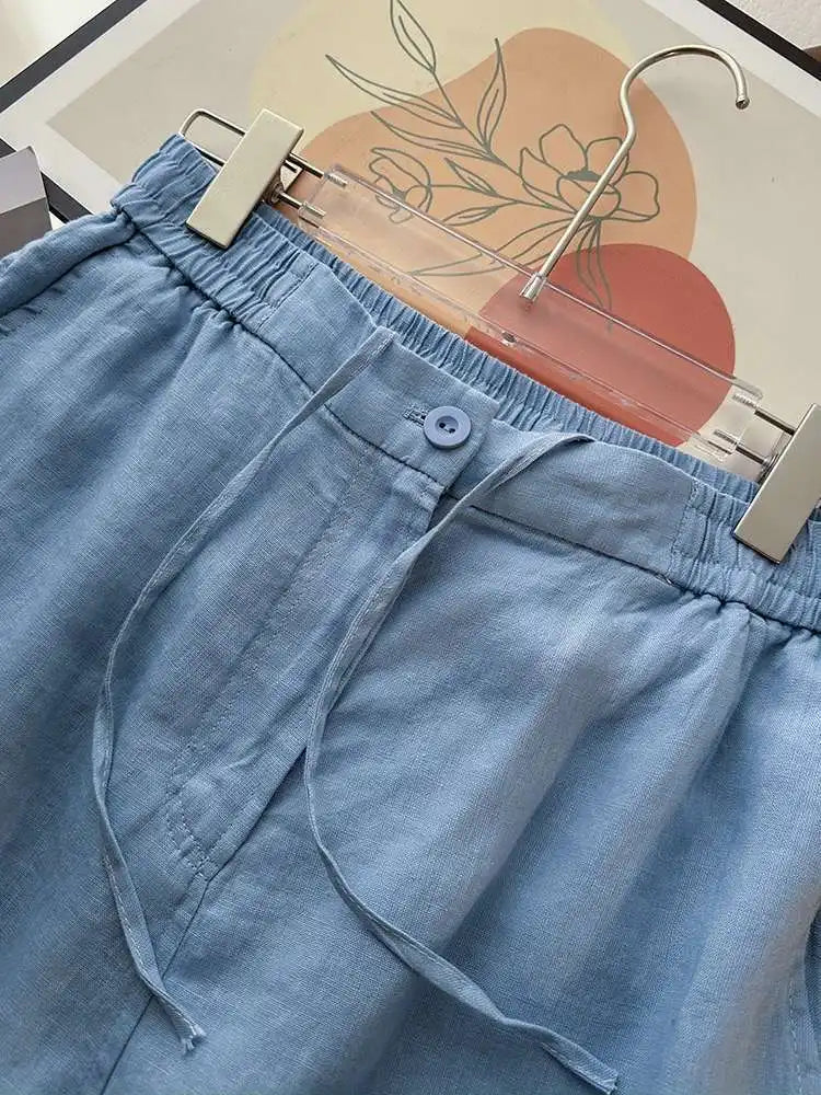 Japanese Simple Solid Color Pure Cotton Linen Casual Versatile Straight Elastic Waist Shorts Women's Middle Pants