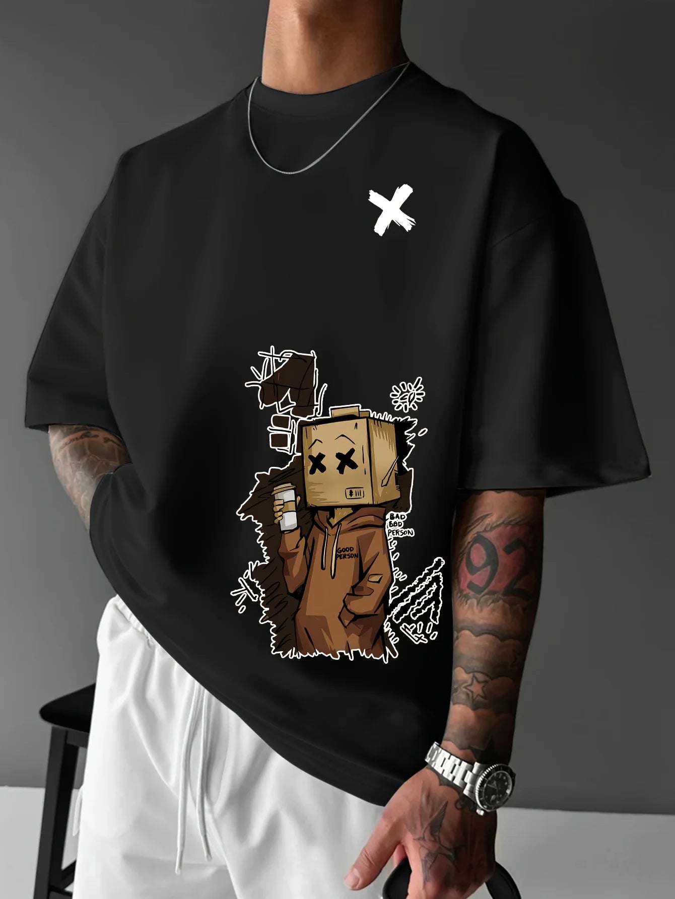 Men's 100% pure cotton fashionable casual sports loose trendy doll graffiti printed round neck short sleeved T-shirt top