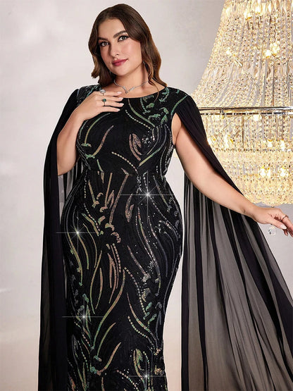 TOLEEN Women Plus Size Maxi Dresses Queen Aura Sequin High-Waisted Plus-Size Party ress Luxury Cape sleeves Elegant Dress
