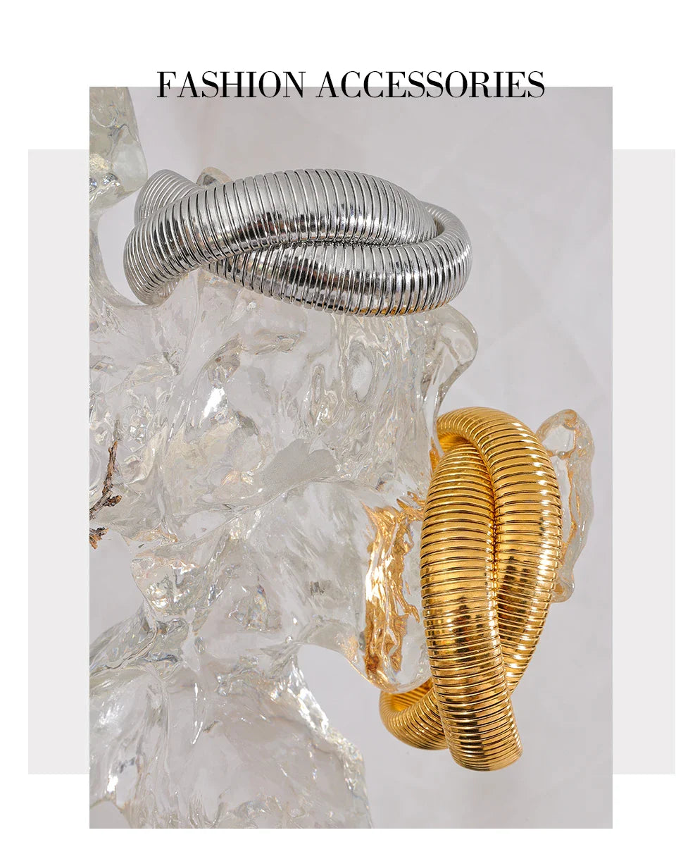 Yhpup 316L Stainless Steel Wide Heavy Metal Stackable Bracelet Bangle Waterproof 18K PVD Plated Texture Charm Statement Jewelry