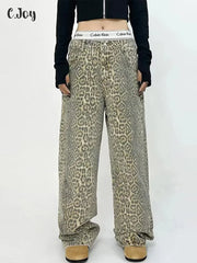 Vintage Fashion Leopard Jeans Women Y2k High Waist Loose Wide-leg Pants Female