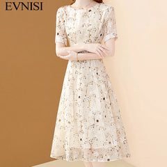 EVNISI Chic Floral Printing Women Chiffon Dress O-Neck Elegant Apricot Office