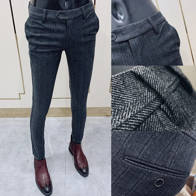 Men Dress Pants Woolen Warm Business Formal Social Suit Pants Casual Slim Striped Fit