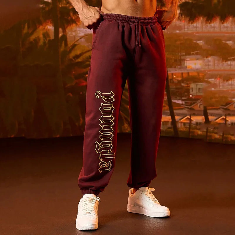 Men's casual sports pants, high cut thick looped cotton embroidered pants