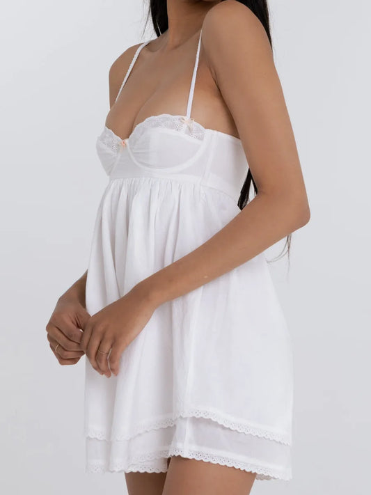 2022 Sexy White Spliced Embroidery Lace Bra Corset style Mini Dress Women Backless Party Skater Short Sling Robe Holiday