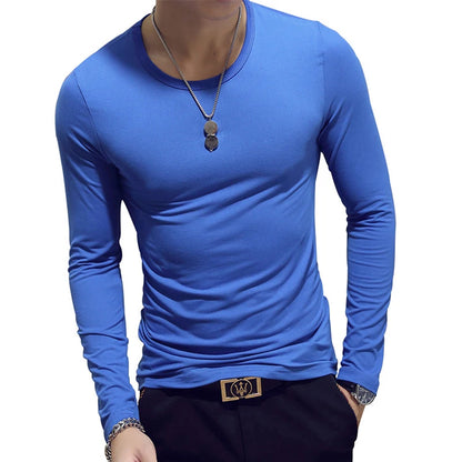 White Solid Color Basic Slim Men T-shirt Spring Autumn Bottoming Shirt Men Round Neck V-neck Casual Tops Long-sleeve Shirts