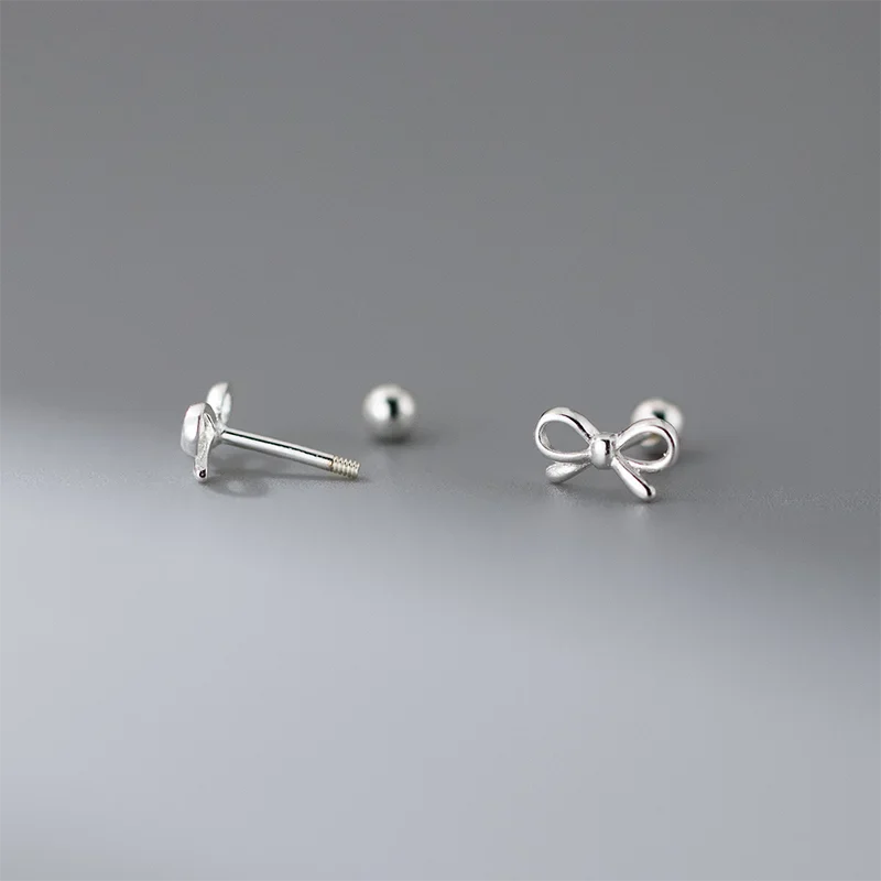WANTME 925 Sterling Silver Romantic Bow Screw Bead Piercing Stud Earrings for Women Fashion Simple Cute Girls Party Jewelry Gift