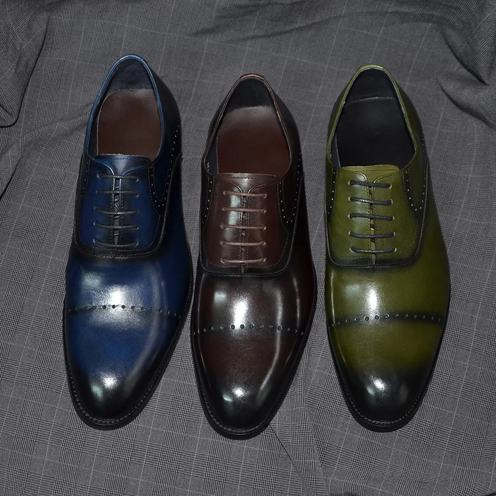 Black Blue Brown Green Men's Formal Social Shoes Genuine Leather Round Cap Toe Oxfords Original Business Wedding Men Dress Shoes
