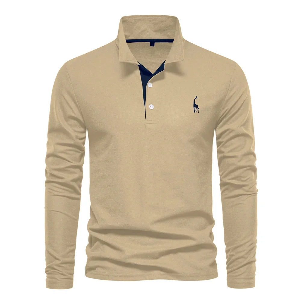 AIOPESON 2023 New Men's Deer Embroidery Polo Shirts Solid Color Long Sleeve Social Business Male