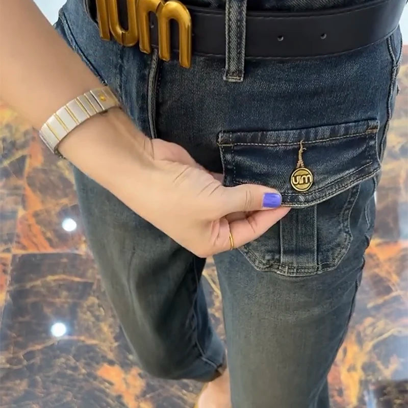Y2k Women Jeans Large Size Women's European High-waisted Elastic Jeans