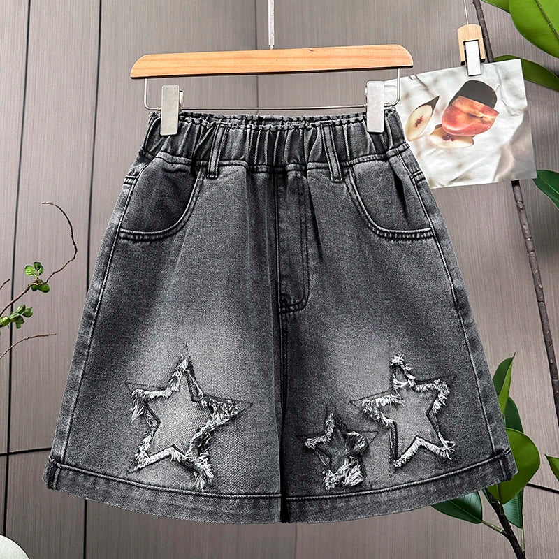 L-6XL Plus Size Denim Shorts For Women Summer 2025 High Waist Black Loose Wide Leg Short Jeans Women Star Large Size Short Jeans