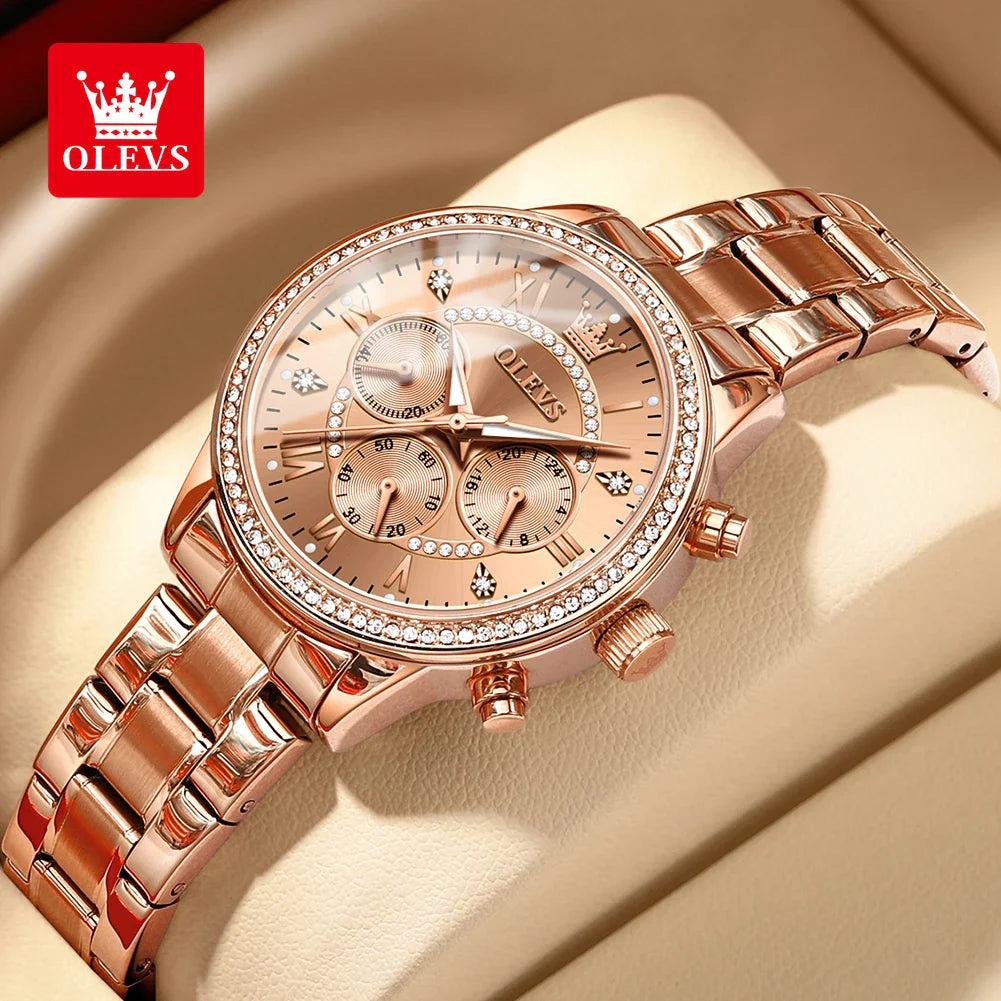 OLEVS Women's Watches Top Brand Luxury Original Quartz Watch for Ladies Chronograph Waterproof Luminous Rhinestone Dial 24 Hour