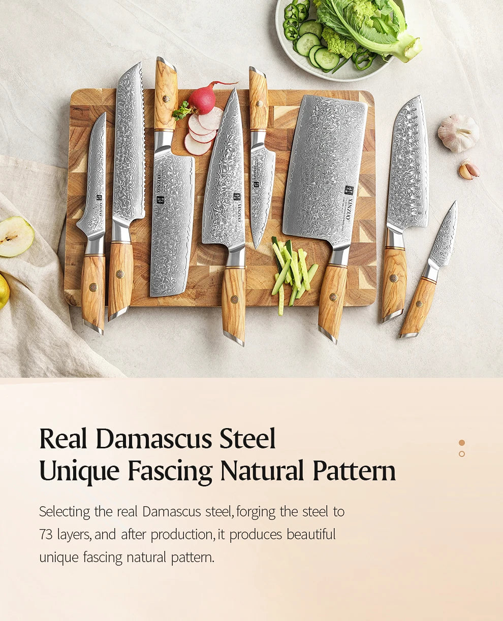 1-8pcs Kitchen Knife Set 73 Layers Custom Damascus Steel 15°±1 Per Side Steel Blade