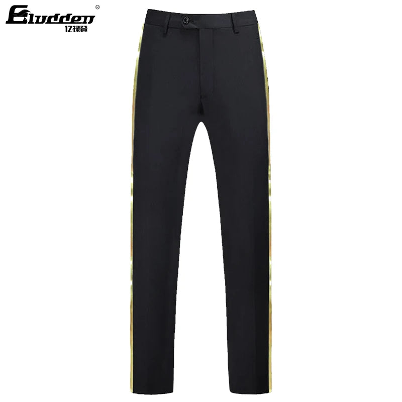 Men's black suit pants Gold leather trim Casual Male Formal Business Office Pants