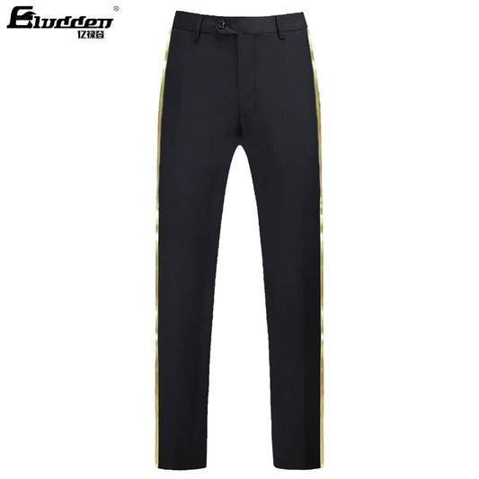 Men's black suit pants Gold leather trim Casual Male Formal Business Office Pants