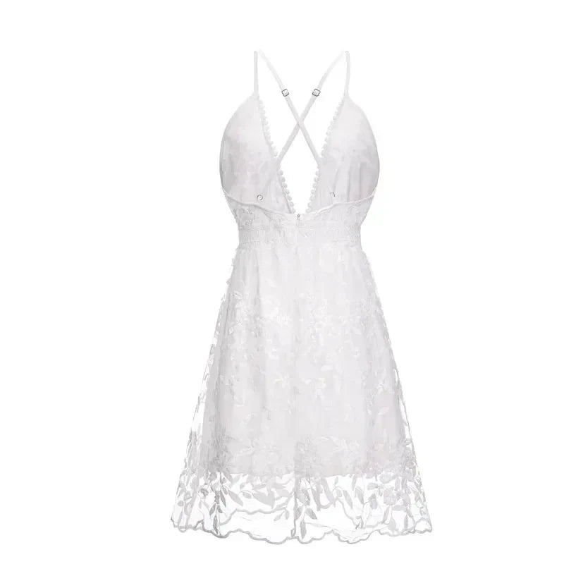 V Neck White Dress for Women Beach Lace Sling 2024 Summer Elegant Embroidery Dress Backless Casual Sleeveless Sexy Dress 21800