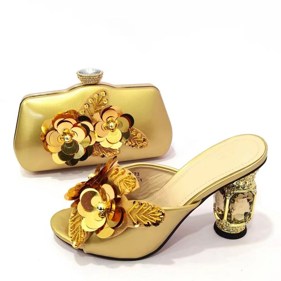 Gold Women Shoes Match Purse With Rhinestones And Beads