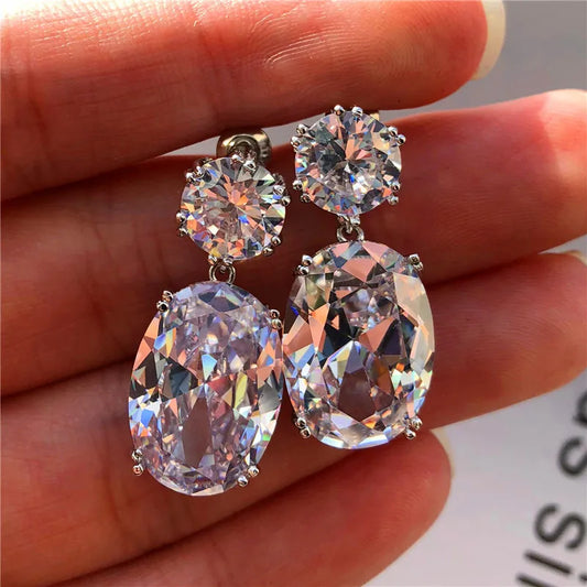 925 Sterling Silver Big Oval CZ Women Drop Earrings Elegant Female Accessories Brilliant Cubic Zirconia Earring Trendy Jewelry