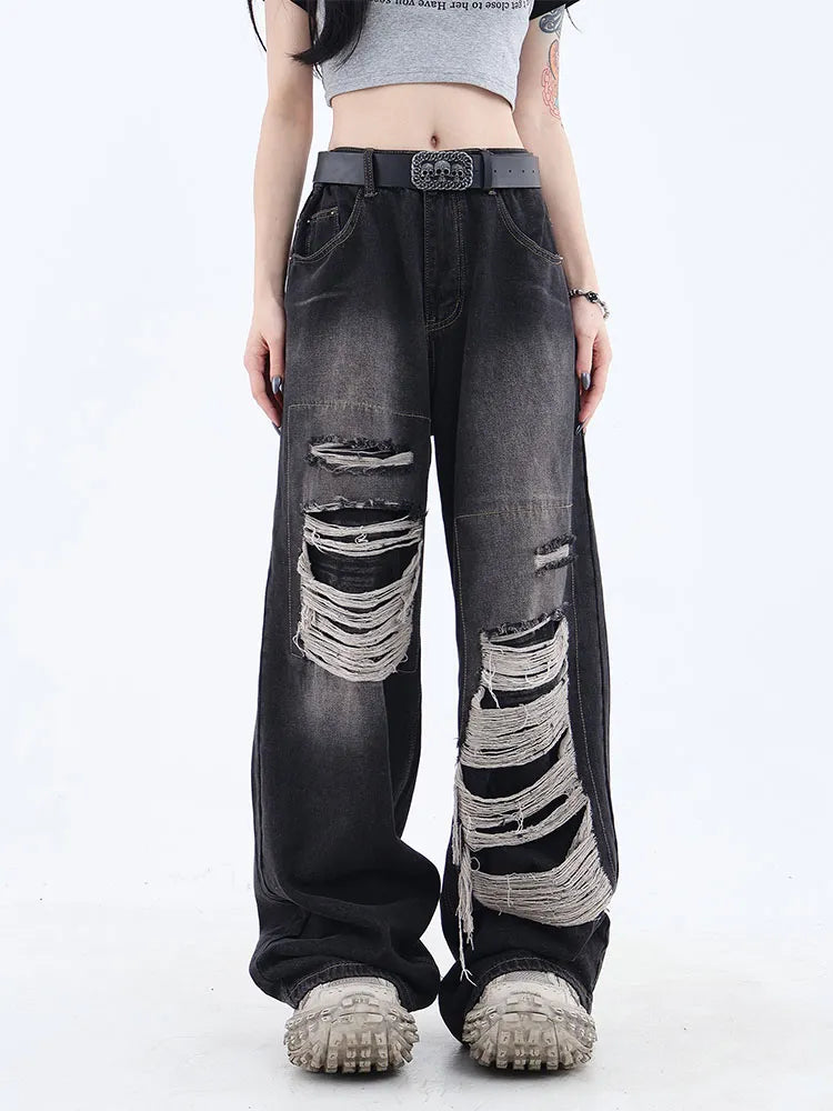Women's Gothic Black Jeans High Waist Vintage Korean Fashion Y2k Streetwear Ripped Pants Harajuku Casual Wide Leg Denim Trousers