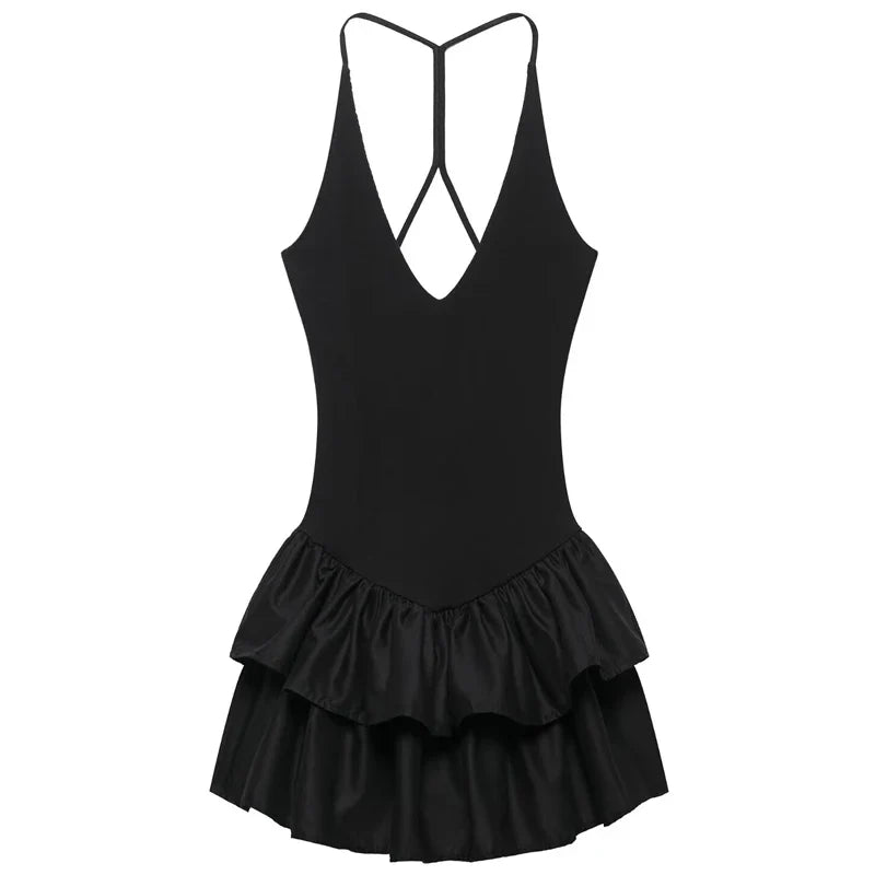HXAO Womens Dresses Ruffled Halter Dress Summer Black Pink White Dress Mini Layered Backless Short Dresses Elegant Vestidos 066
