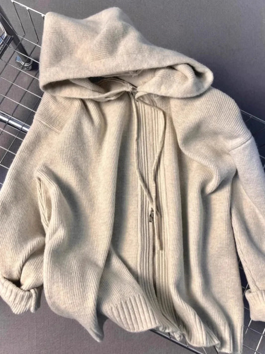 Gray Hooded Sweater Coat Women Spring Autumn Double Zipper Long Sleeve