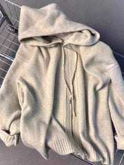 Gray Hooded Sweater Coat Women Spring Autumn Double Zipper Long Sleeve