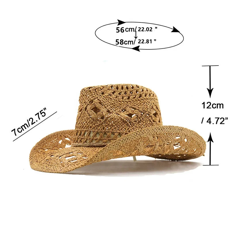 Straw Western Cowboy Hat for Women Men Classic Vintage Hollow Out Unisex