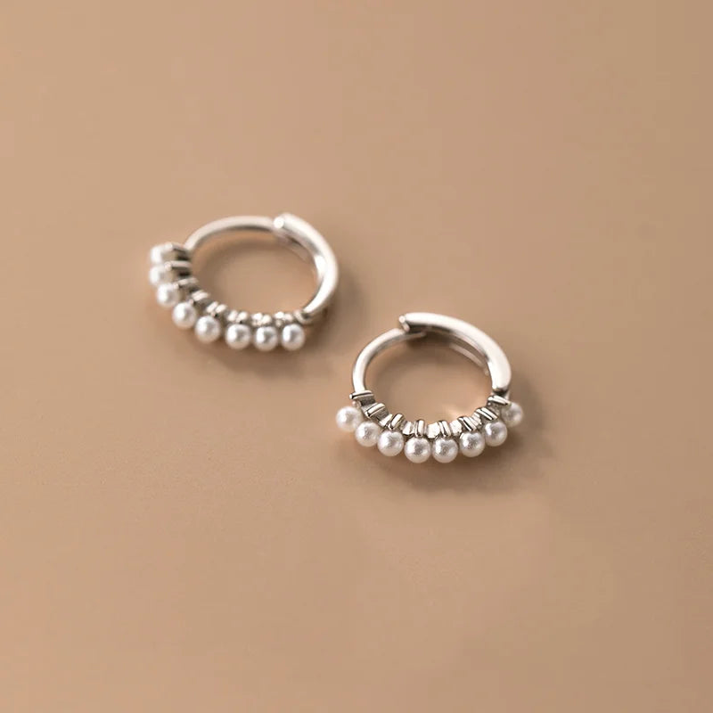 WANTME 925 Sterling Silver Vintage Simple Pearl Huggies Ear Buckles for Women Charms Party Piercing Hoop Earrings Jewelry Gift
