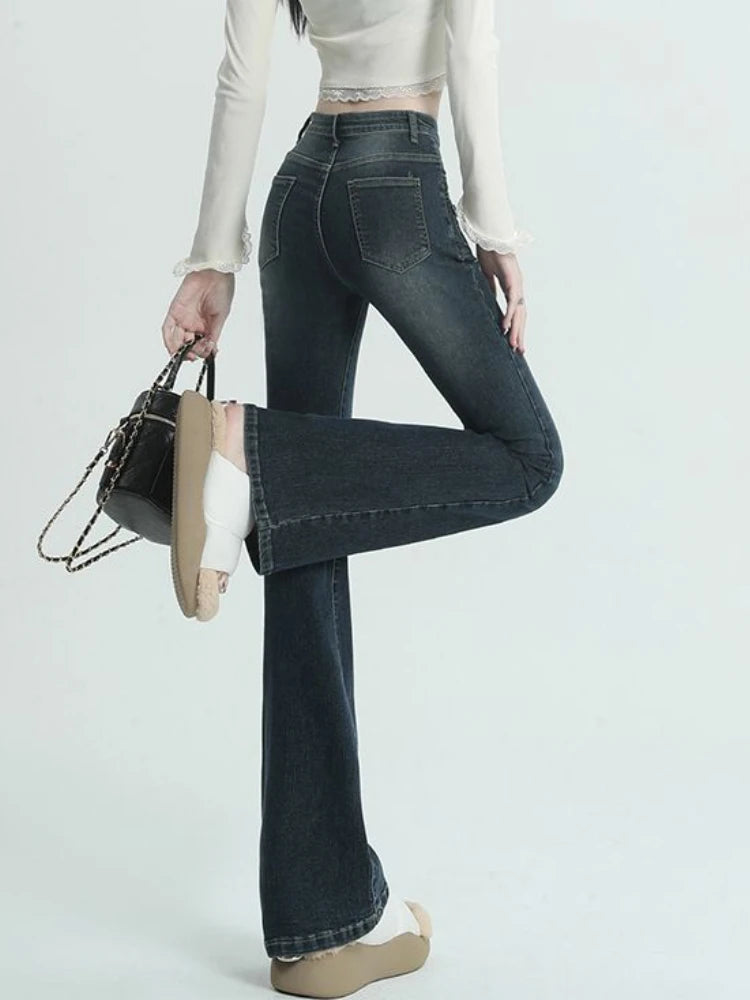 Winter Vintage Flare Jeans Women Streetwear High Waist Chic Casual Y2K Denim Pants