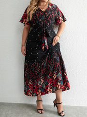 Plus Size Casual Dress Woman Summer V Neck Short Sleeve Floral Print Long Dress Black