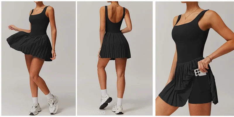 VITALINOVO Workout Tennis Dress with Built in Shorts Square Neck Padded Workout Dress with Pockets Golf Athletic Mini Dresses