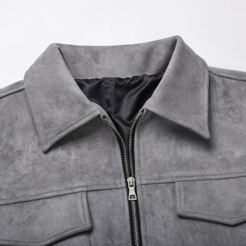 Autumn Jackets Casual Clothes High Street Pockets Laper Zipper Suede Thick Coat