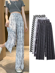 Women Tie-dye Printed Pants Spring Summer Elastic Waist Stright Long Wide leg pants