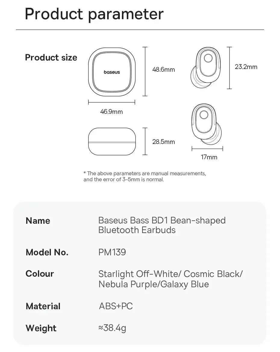 Baseus Bass BD1 Wireless Earphones Bluetooth 5.4 Mini Bean Earbuds 38H Playtime IP55 Waterproof Sports Headphones
