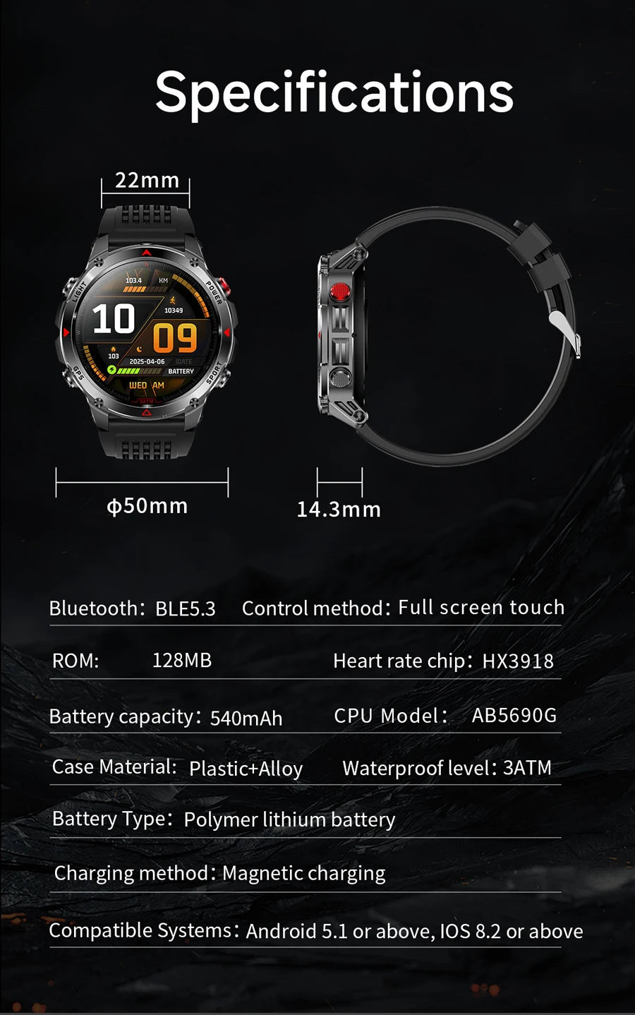 Outdoor Military Smart Watch Men Built-in GPS 1.46" AMOLED Compass