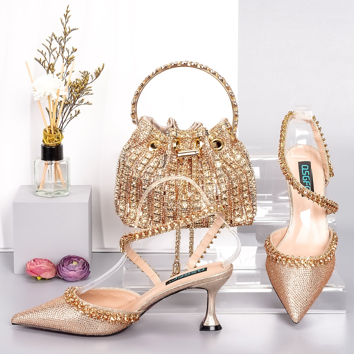 Italian Shoes And Bag Sets For Evening Party With Stones gold Italian