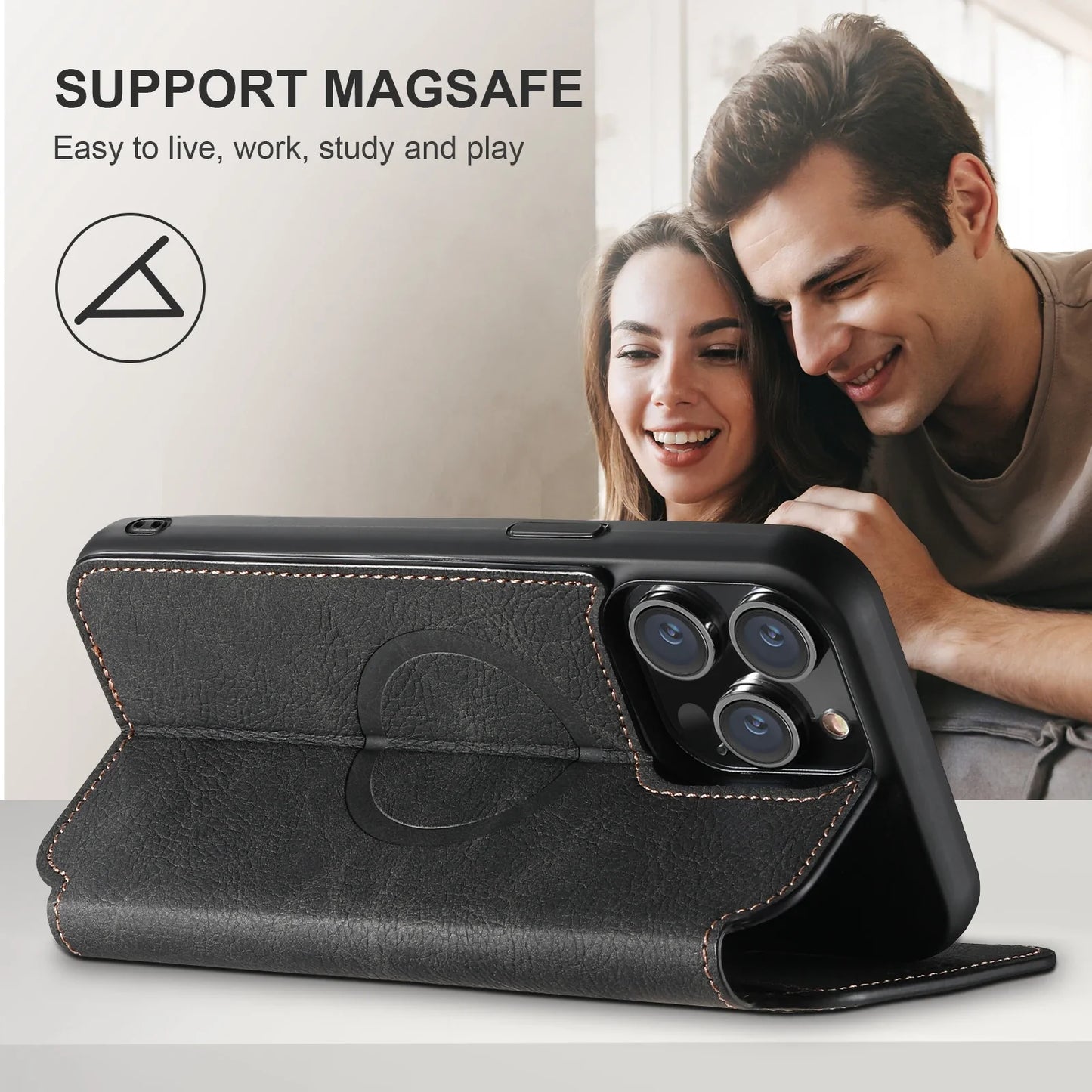 Wireless Charging Leather Phone Case For iPhone 12 13 14 15 16 Plus 17 Pro Max Flip Cover Wallet Card Holder