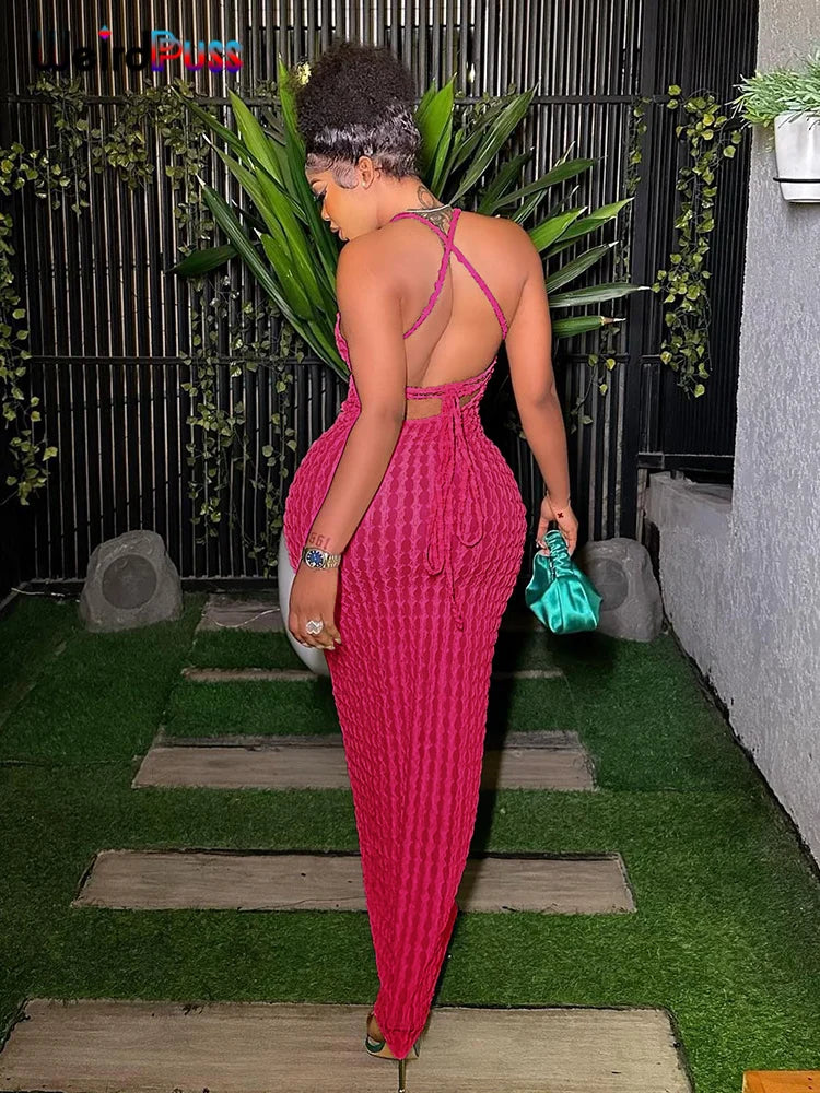Weird Puss Cross Bandage Women Maxi Dress Backless Sleeveless O Neck Elegant
