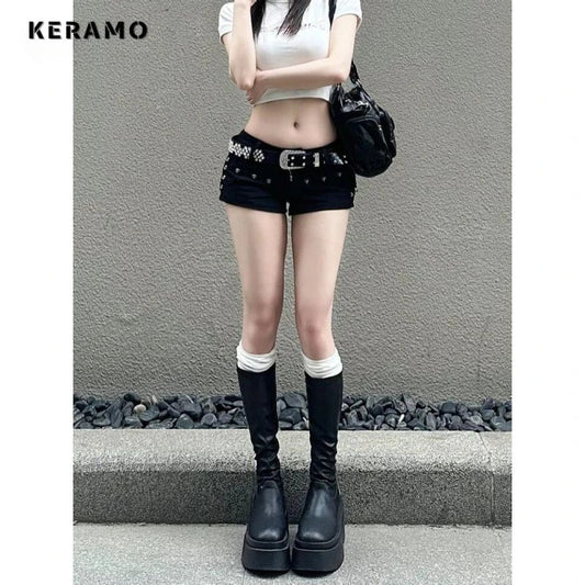 Hotsweet High Waist 2000S Black Sheath Slim Fit Y2K Denim Shorts Women's Fashion Casual Sexy Street Harajuku Style Shorts