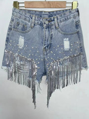 Waist Beads Tassel Women's Denim Shorts Summer Beading Wide Leg Thin