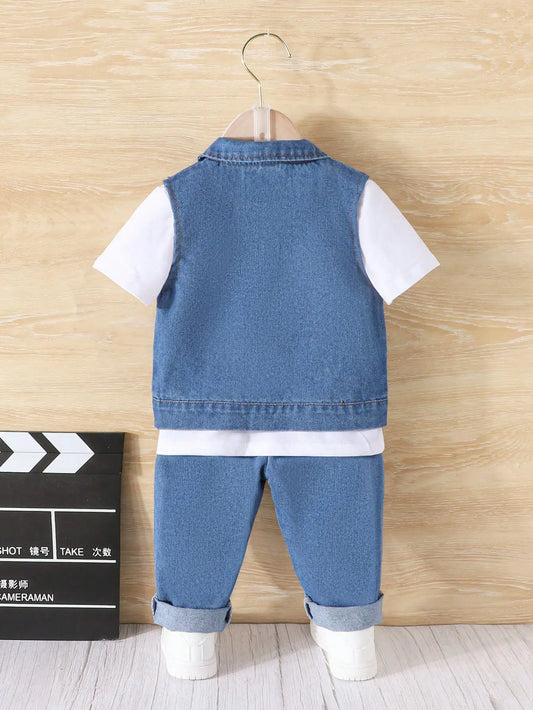 3-Piece Spring/Summer New Boy Leisure Outdoor Retro Fashion Girl Comfort Travel Vacation White Short-Sleeved Denim Vest Pants