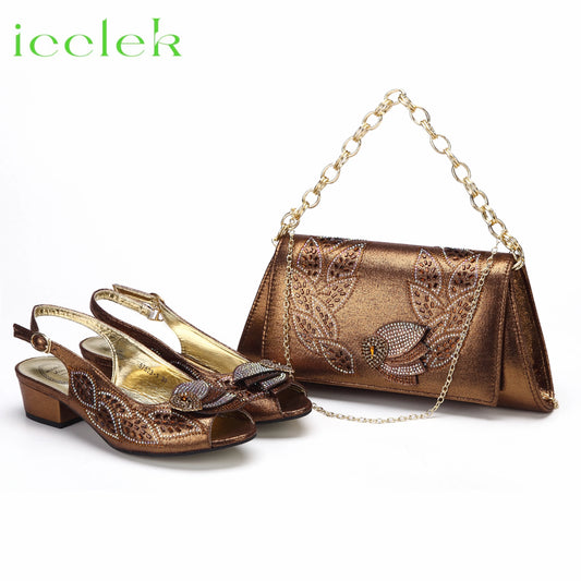 2023 Newest INS Style Brown Color Elegant Low Heels Nigeria Popular Design African Ladies Shoes And Bag Set for Wedding Party