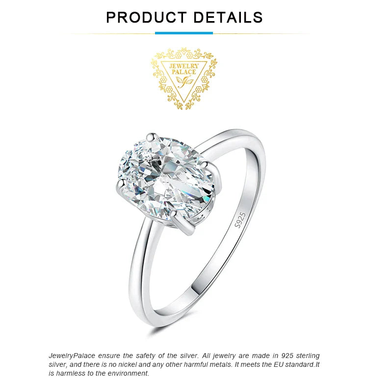 JewelryPalace Moissanite D Color 1ct 2ct Oval S925 Sterling Silver Solitaire Wedding Engagement Ring for Woman